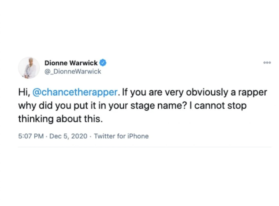 screenshot - Dionne Warwick Warwick 000 Hi, . If you are very obviously a rapper why did you put it in your stage name? I cannot stop thinking about this. Twitter for iPhone
